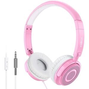 Vogek On Ear Headphones Mic, Portable Fold-Flat Stereo Bass Headphone Pink New